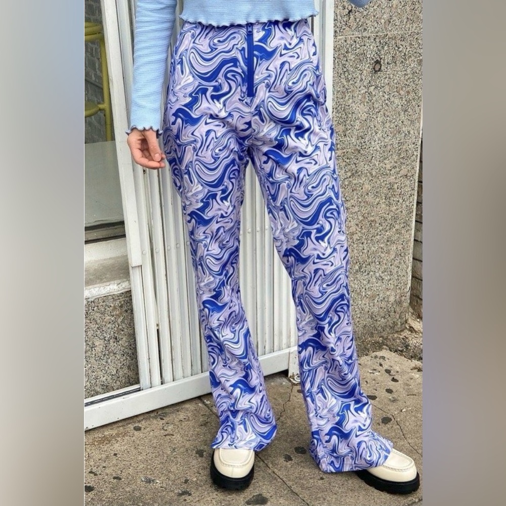 Hosbjerg Adele Pants Flare Leg Purple Liquid Blue Swirl Psychedelic Hippie Fun